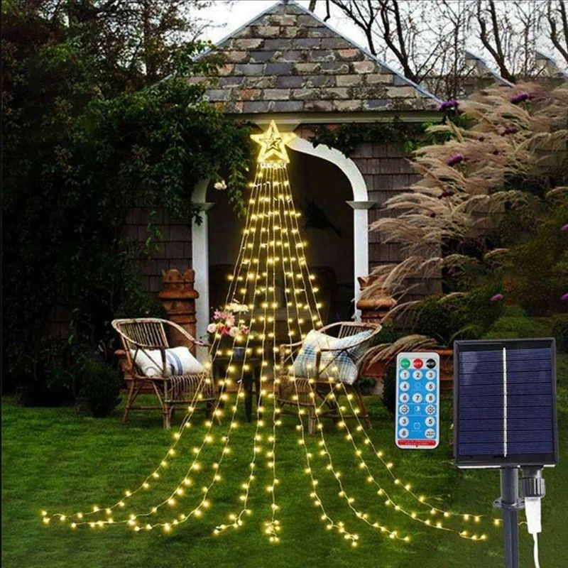 Solar New Decorations Star String Lights Pentagram Waterfall Christmas Tree Lights  xmas Lights