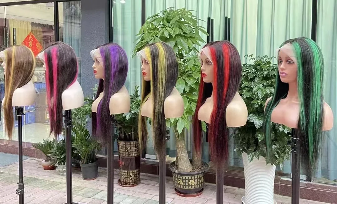 New Arrival China brazilian straight full lace wigs long inch virgin cuticle 100% human hair silk straight weave green highlight