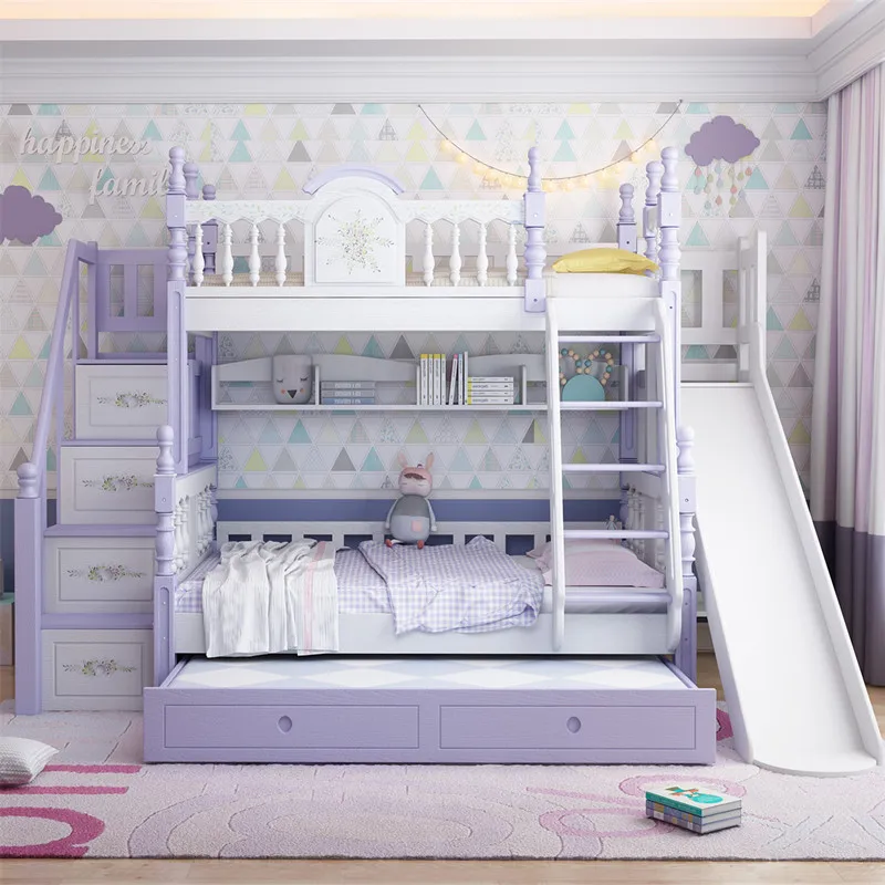 
Solid wood double layer kids bed purple multifunctional princess castle bunk bed 
