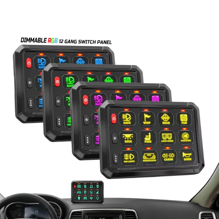 RGB 12 Gang Switch Panel, Multifunction Auxiliary Switch Pod Momentary Strobe Circuit Control Box