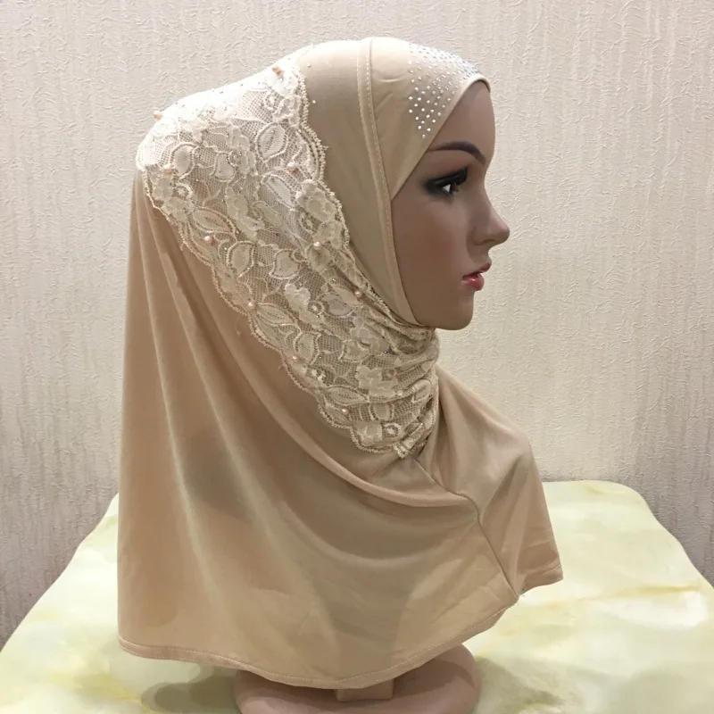 Wholesale Custom Polyester Thin Section Muslim Multicolor Lace Applique Hot Drilling Instant Hijab For Women