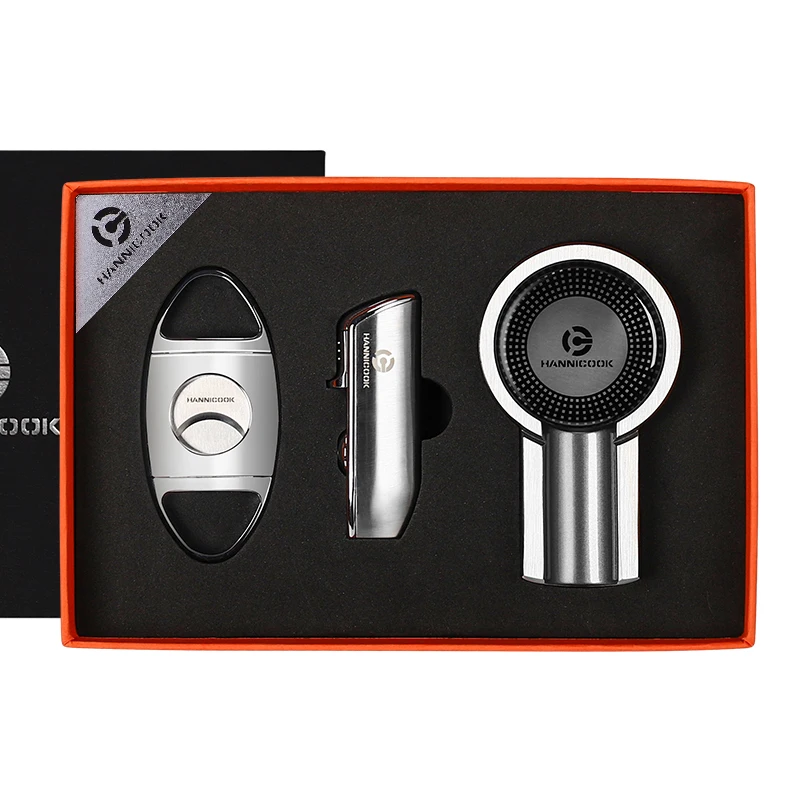Portable 3-Piece Cigar Accessory Set Zinc Alloy Lighter Ashtray Cutter with Custom Laser Logo Gift in Gift Box Packaging