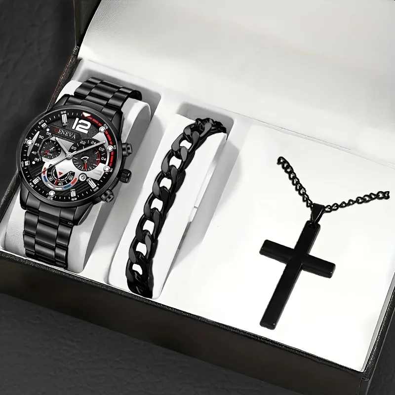 NW1501 Fashion Mens Business Stainless Steel Calendar Watches & Silvery Bracelet Cross Pendant Necklace