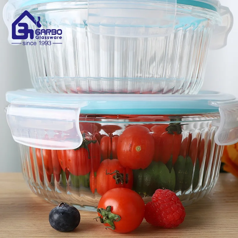 400ml 620ml 950ml Stripe design Wholesale Storage  Lunch Box High Borosilicate Glass Food Container With Locking Lid