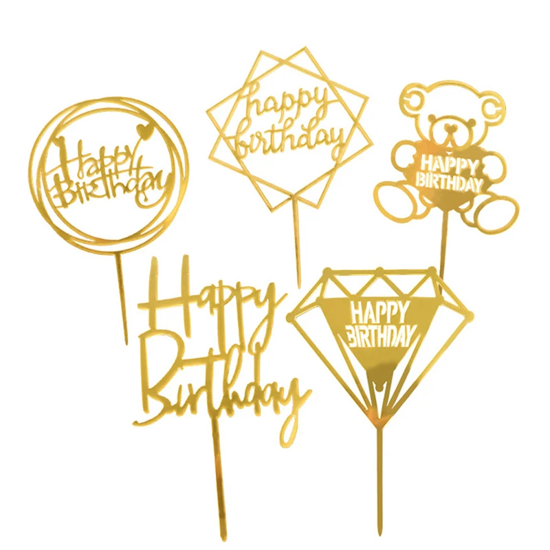 Happy Birthday Cake Topper Acrylic Home Decor Baking Cake Toppers Card Wedding Party Decor Supplies Cupcake Insert Card/