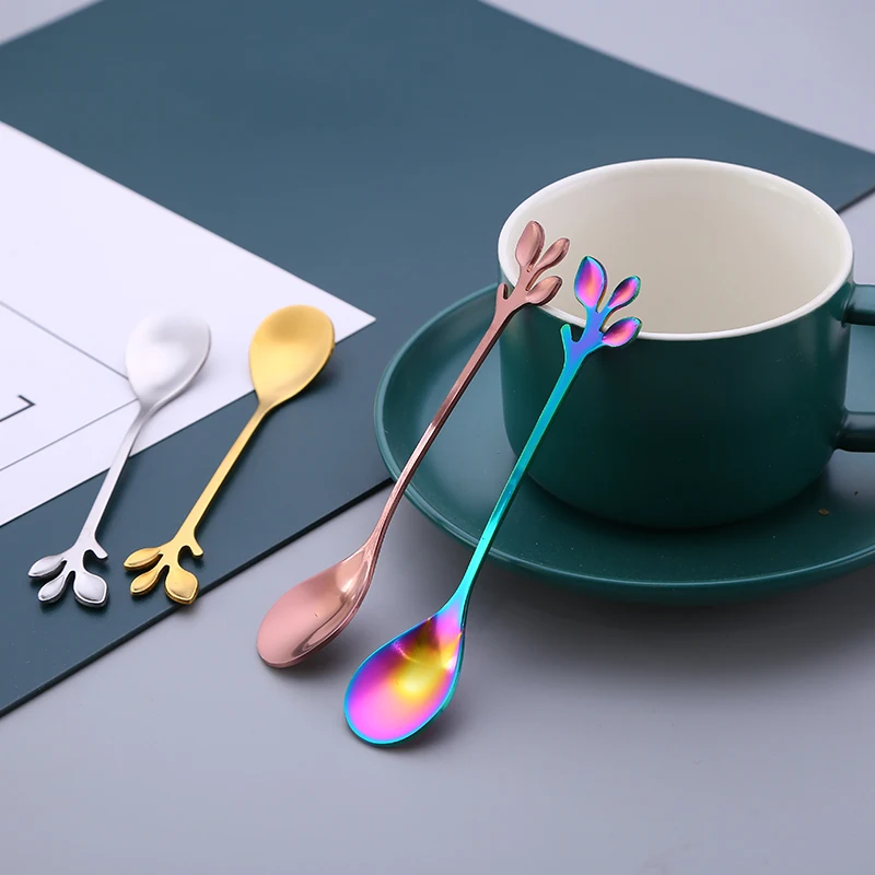 Stainless steel mike spoon Ice cream dessert spoon fork Leaf shape Coffee spoon with colorful