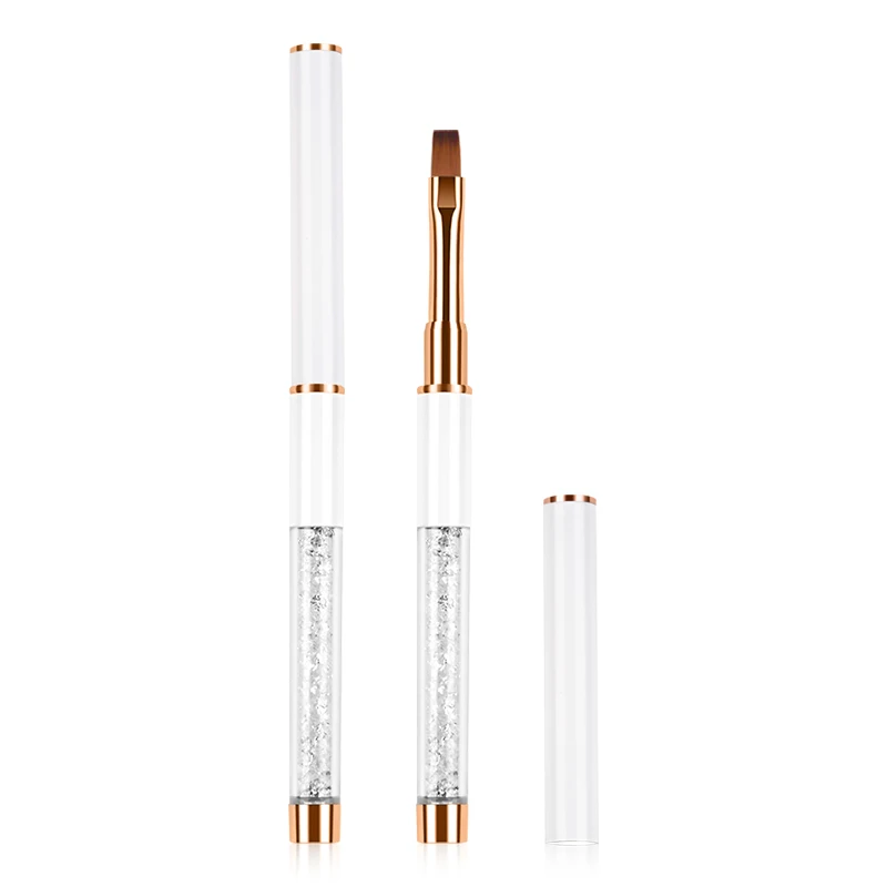 Nail Art Pink Brush Manicure Tools Custom Logo Japanese Kolinsky Hair Flat/Oval UV Gel Brush Rose Gold  With Crystal Handle