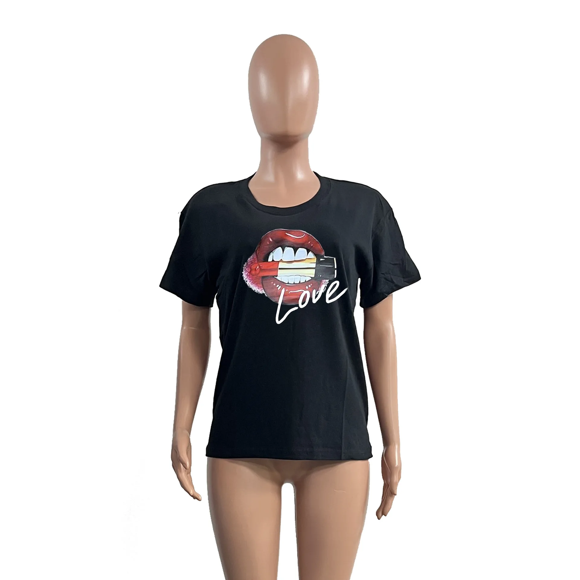 Women Tops O-neck Black Tees Kiss Lip Funny Summer Soft T Shirt Lips Watercolor Graphic T Shirt Top 3D Printing Custom T Shirt