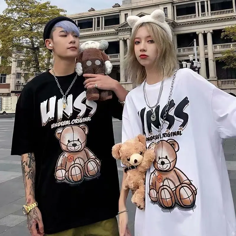 Loose Custom Couple shirt Short Sleeves Print Trend Cartoon Summer OEM Streetwear Fashion T Shirts Casual  Printing Bear t shirt