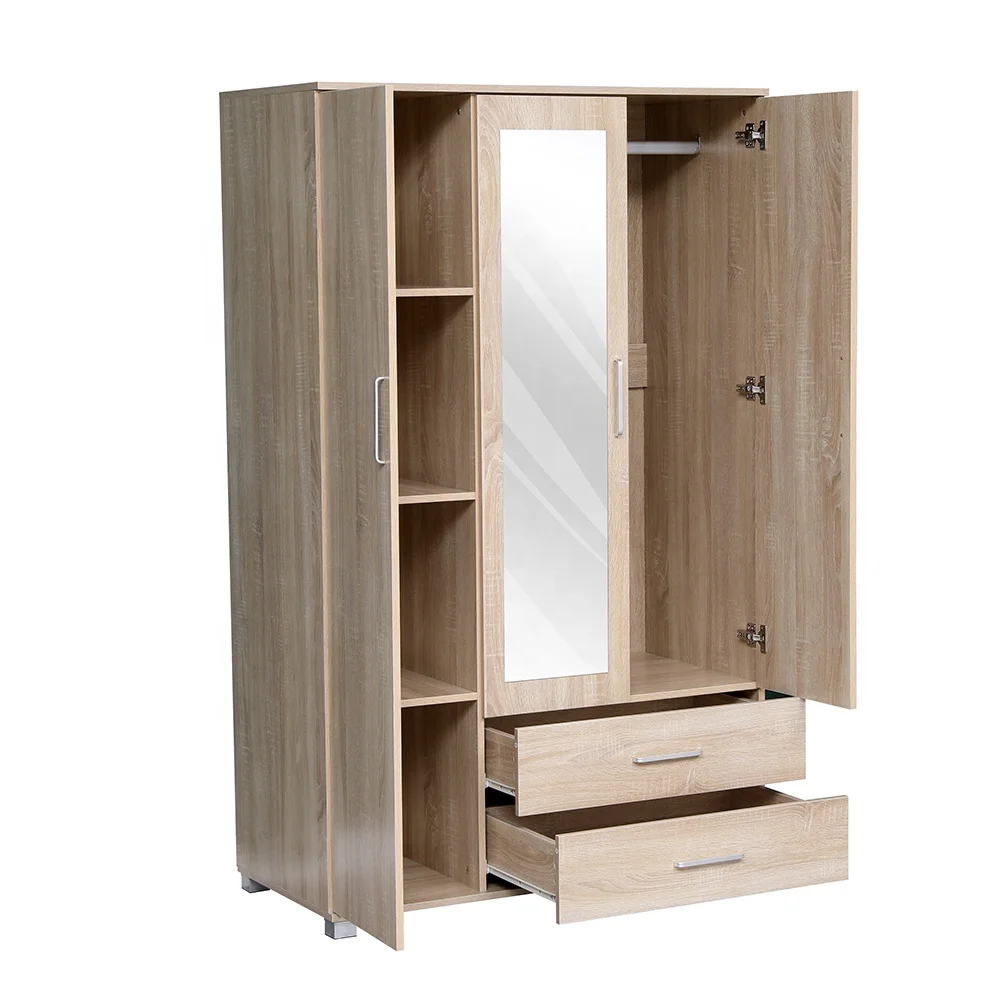 Hot Sale Modern Cheapest Wardrobe Simple  Wooden  3 door wardrobe with 2 drawers  Closet With Mirror