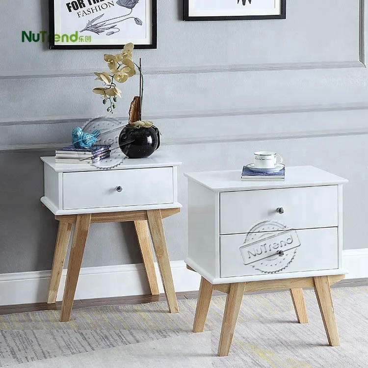 Nordic Narrow White Modern Wood Living Room Sofa Side End Table with 2 Drawers Mid Century Retro Bedroom Night Stand Table