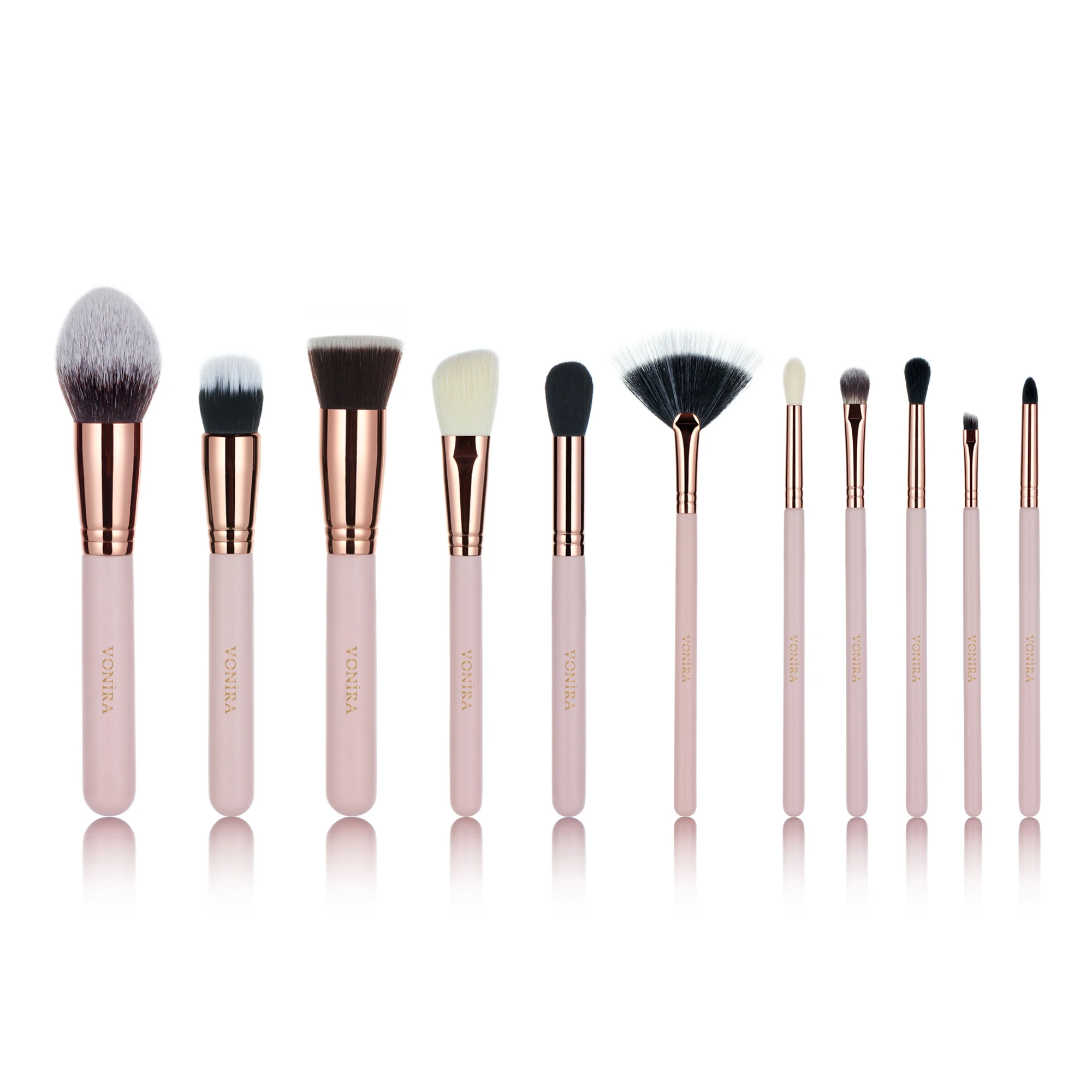 Vonira Private Label Professional 11pcs Soft Vegan Synthetic Hair Makeup Brush Set With Rose Gold Copper Pink Wood Custom