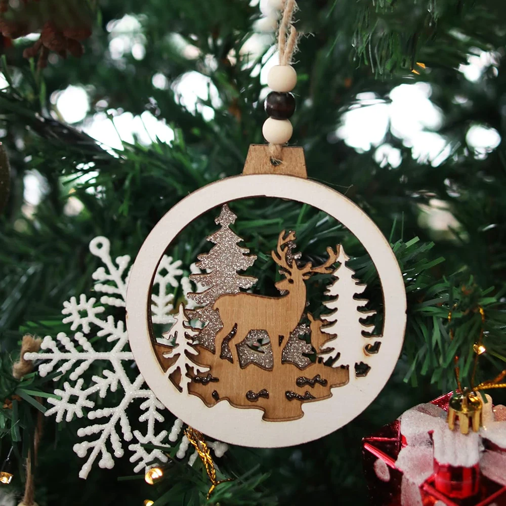 Wholesale Wood Deer Pendant with Christmas Tree Hanging Decorations Laser Cutting Wooden Christmas Ornament Eco-friendly