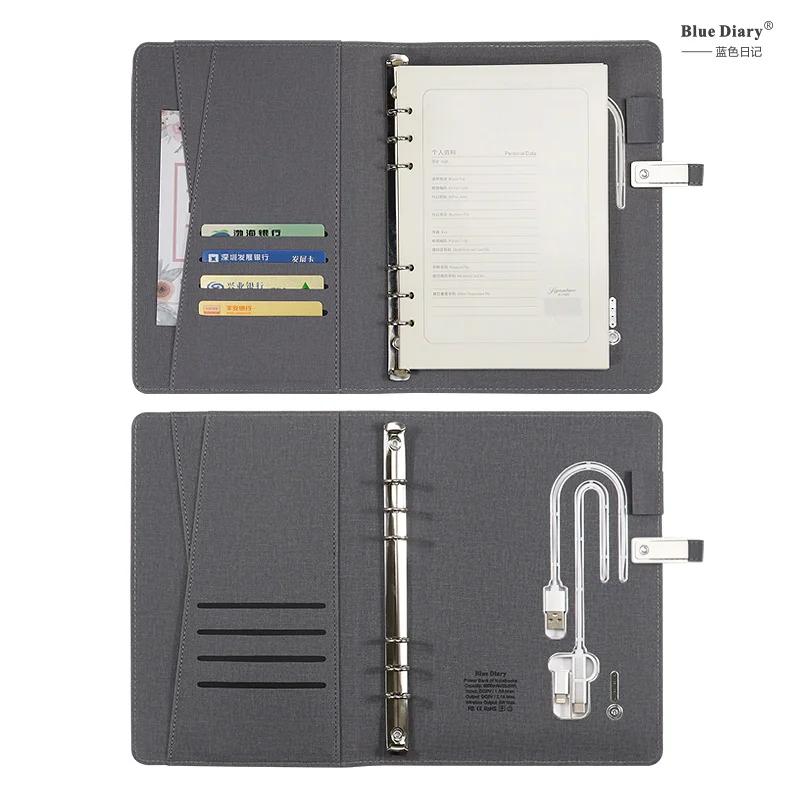 Pockets Leather A5 Binder with 8000mah Power Bank Diary Power bank Notebook Planner built-in wireless charging and 16g usb flash