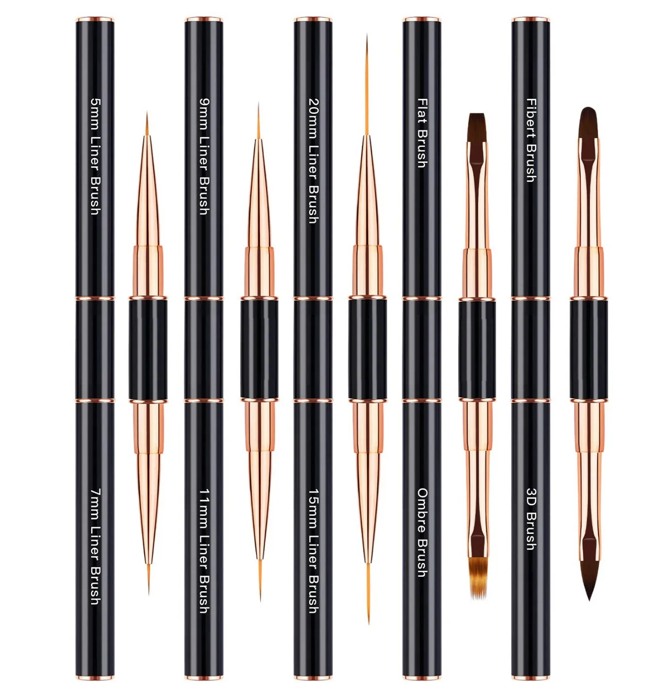 Custom New 3D Nails Brush Liner with Ombre Flat Cover Gel Art Design Double End Rose Gold Metal Handle Nail Art Paint Brush