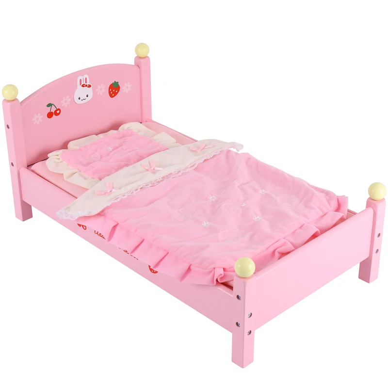 Unisex Mini Doll Bed Toy for Kids Wooden Furniture Simulation Pretend Play for Girls and Boys