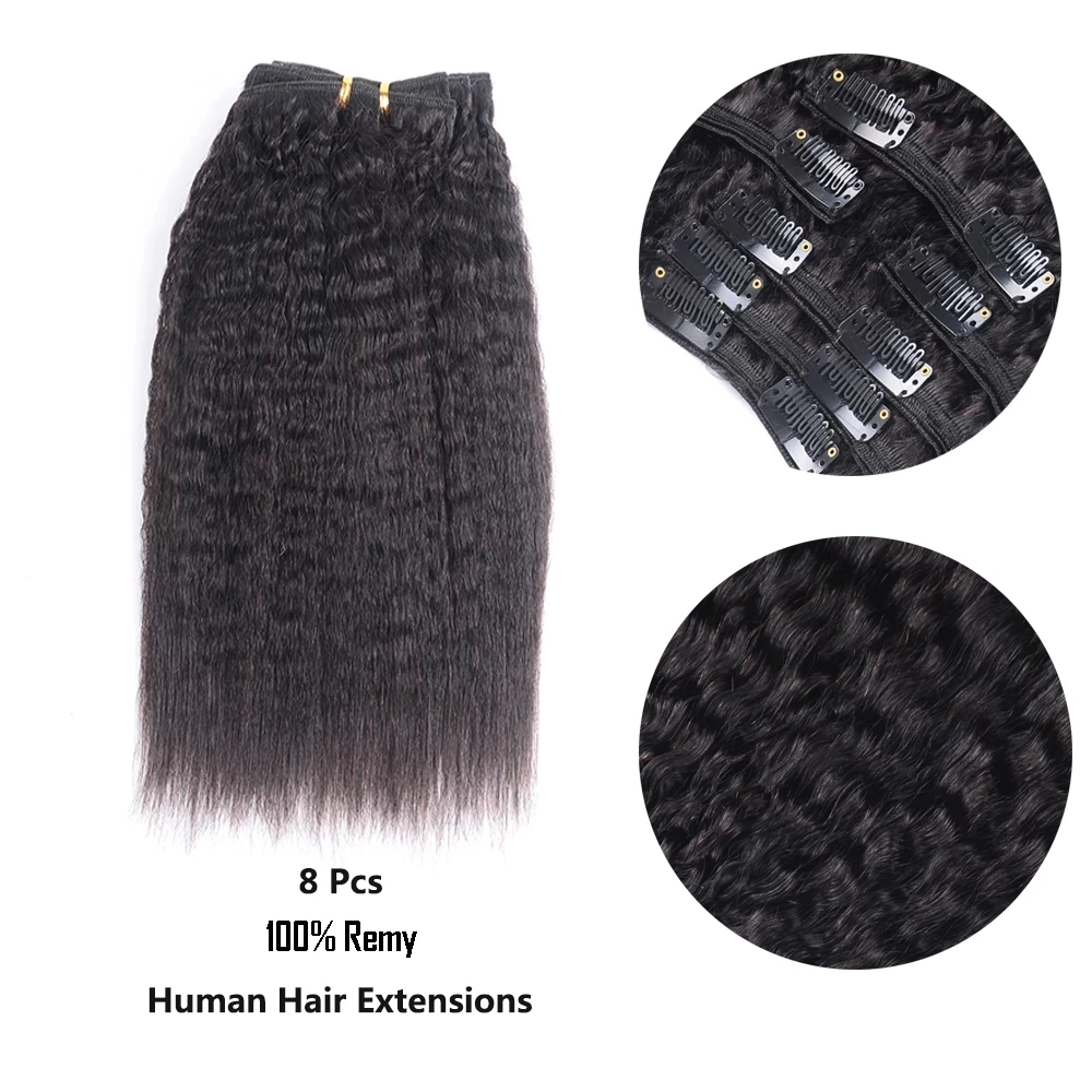 Clip-in One Head Human Hair Kinky Straight Three Layer Wefts Machine-made Remy Real Brazilian Clip In Hair Extensions