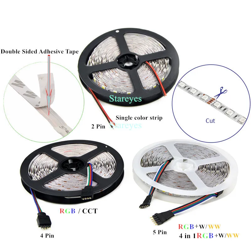 Free shipping 100 Pcs LED Strip SMD 5050 60LED/m White Warm white RGB RGBW RGBWW 4 in 1 RGB+CCT CCT tape Ribbon Growth Light
