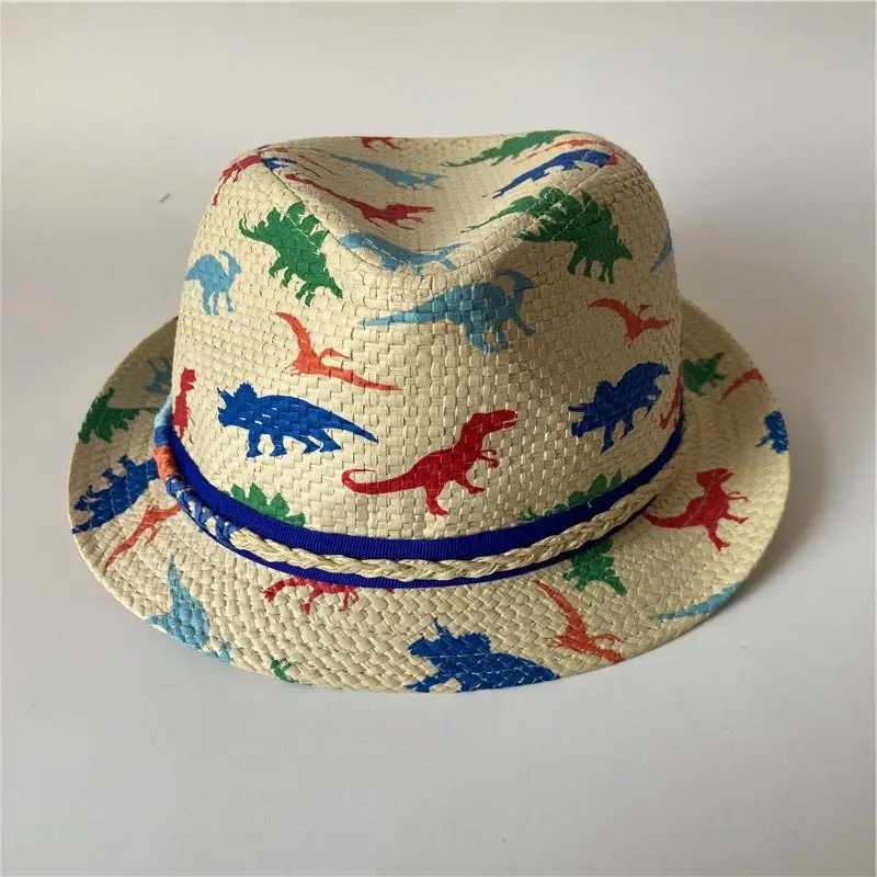 Wholesale Custom Print Cartoon Dinosaur Pattern Sun Protection Straw Visor Hat Panama Woven Straw Hats Unisex Kids Straw Hat