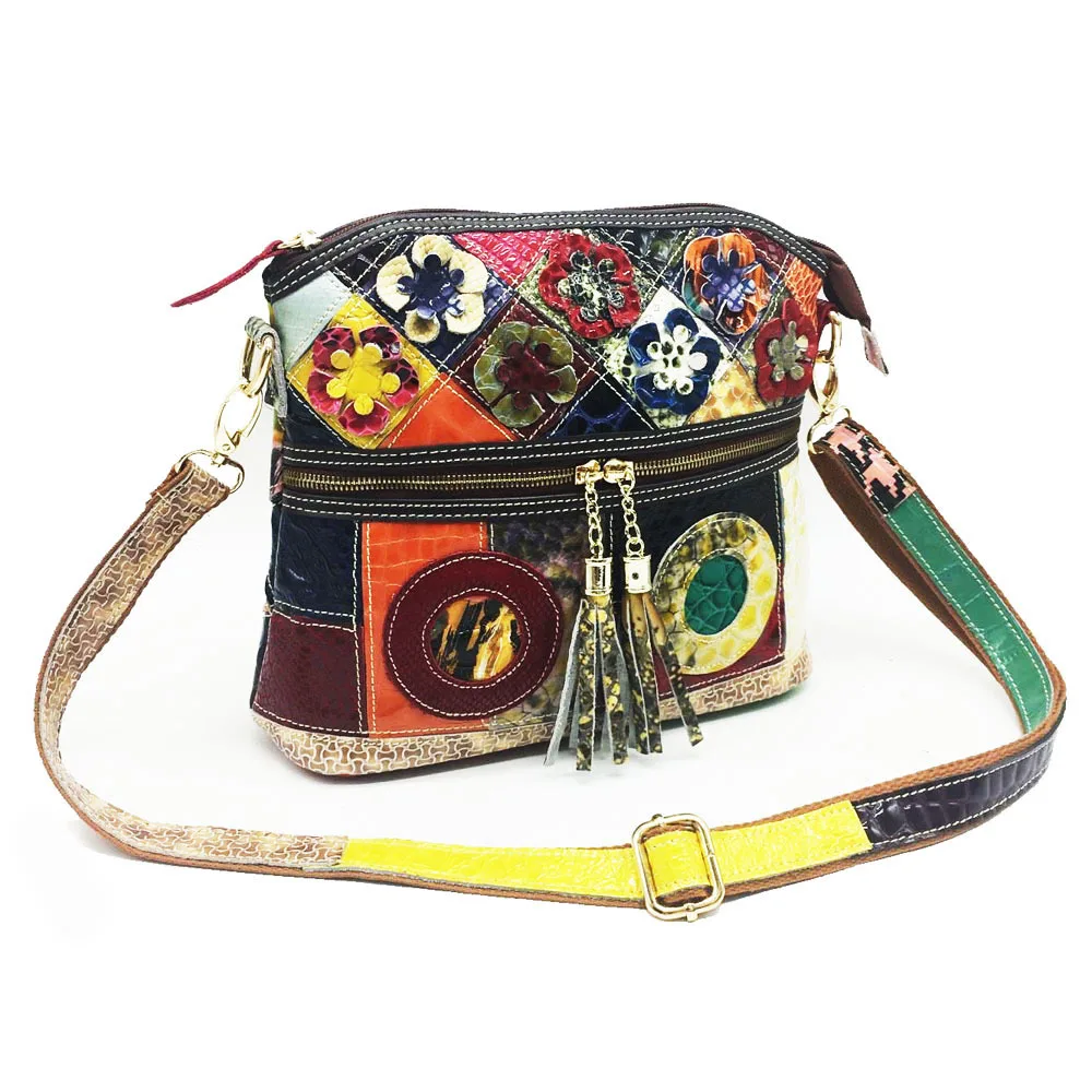 designer fashion boutique woman lady vintage street bohemian contrast color flower patchwork leather shoulder bag crossbody bag