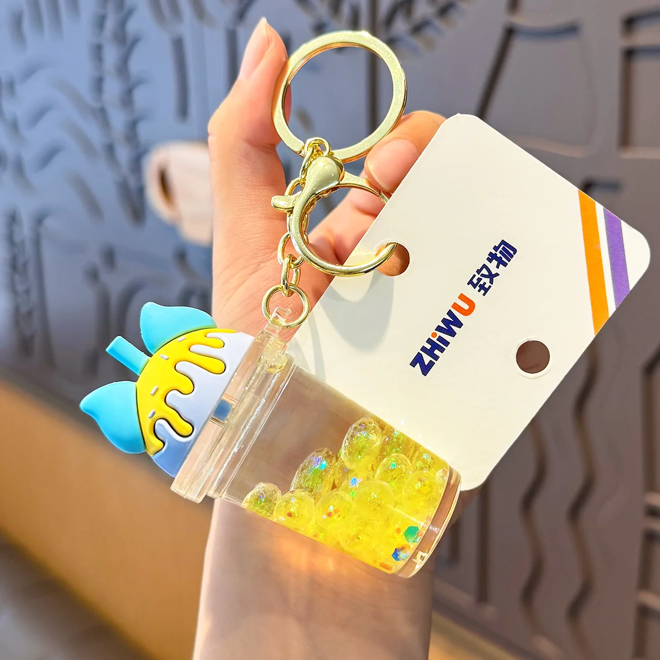 20234 New Cute Acrylic Keyring Key Chain Ring Oil Floating Little Cartoon Bubble Boba Quicksand Milk Tea Cup Liquid Keychain