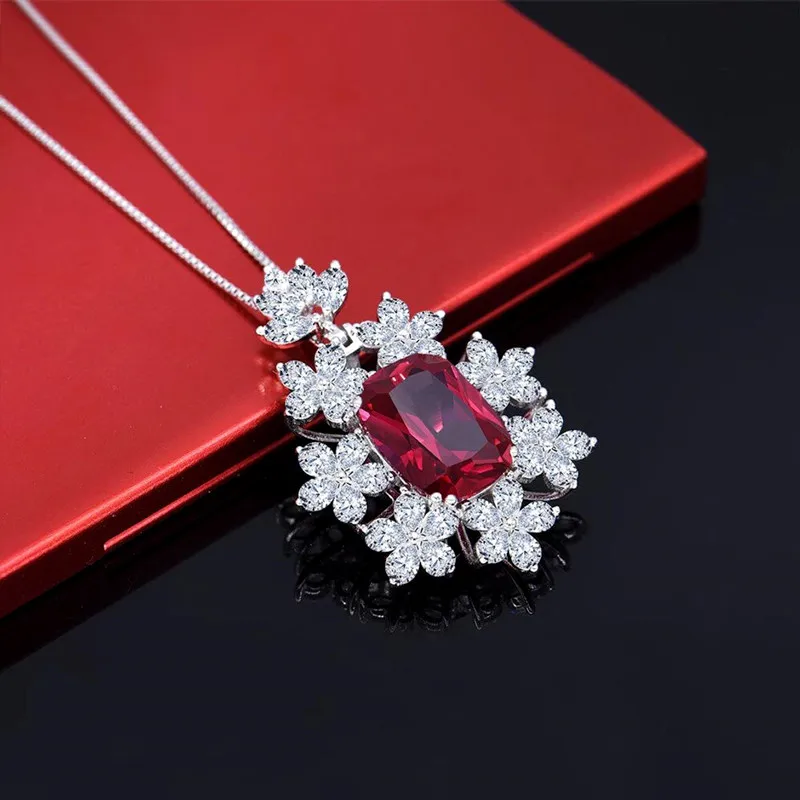 CAOSHI Luxury Ruby Red Gem Flower Shaped Chain Necklace Charm 925 Silver Plated Cubic Zirconia Pendant Ladies Necklace for Women