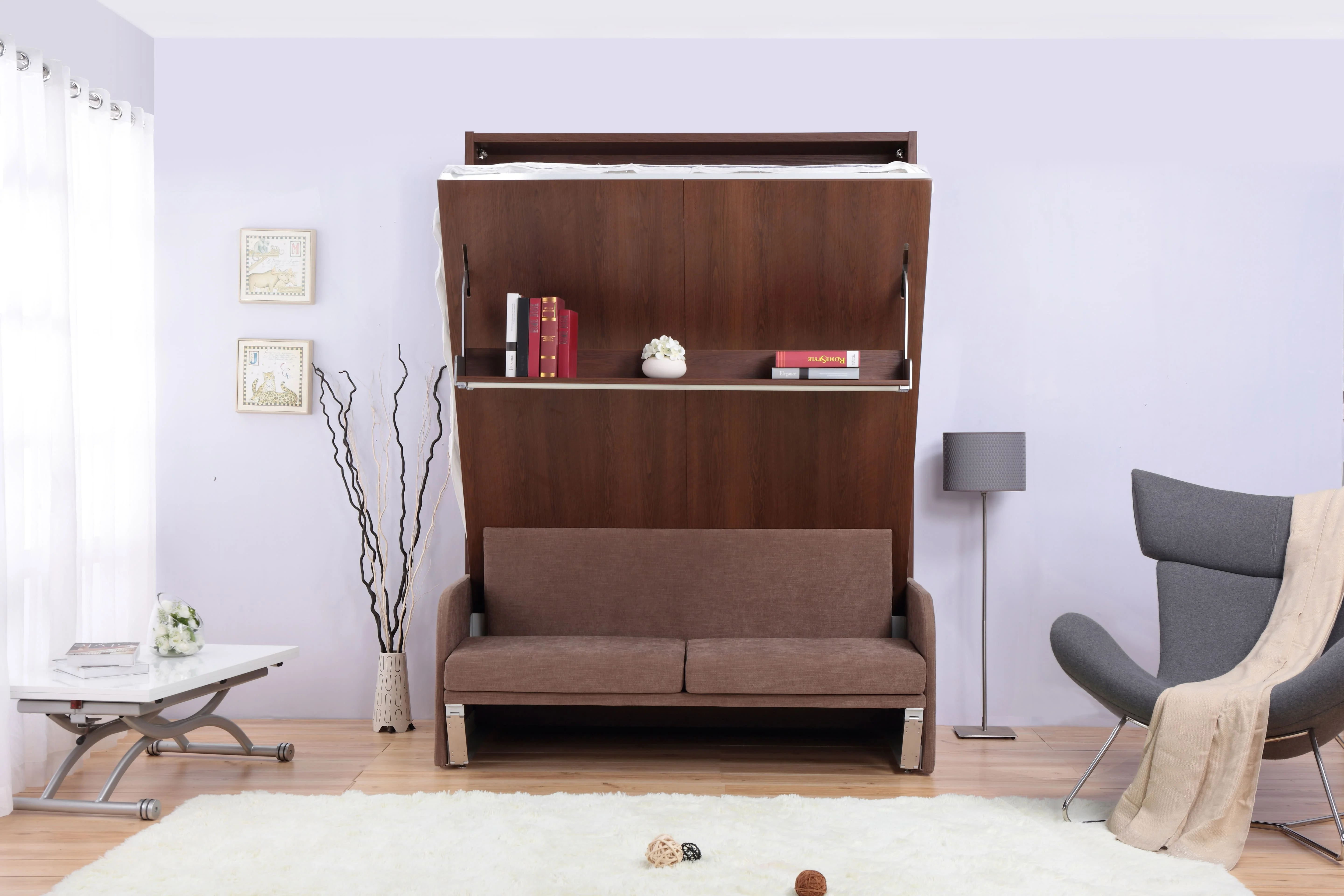 Foldable Bed Wall Murphy Sofa Free Standing Wall Bed With Book Shelf And Sofa/Arm For Apartment
