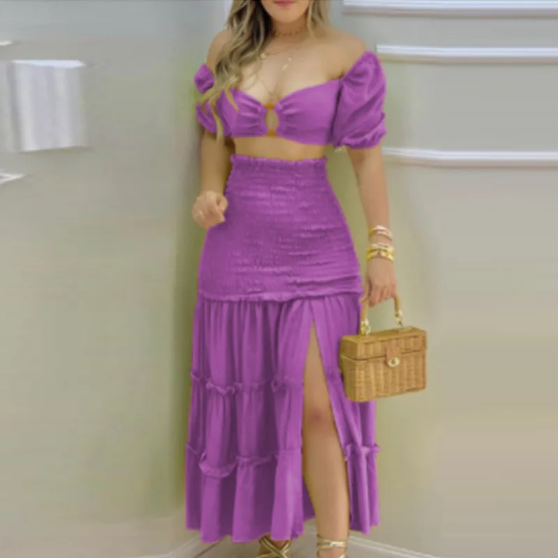 2024 NEW MSR MS569 Hot New Sweet Fashion Solid Color Short-sleeved Color Matching Printed Long Skirt Suit and Blanket Dress