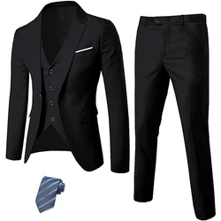 Mens 3 Piece Slim Fit Suit Set, One Button Solid Jacket Vest Pants with Tie