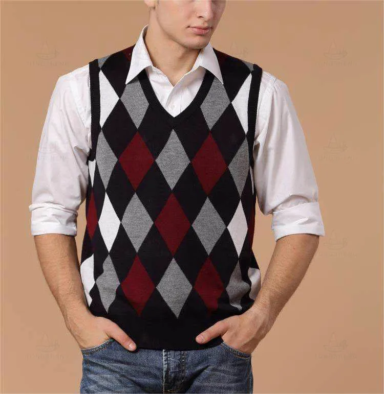 2024 Manufacturer Custom Mens Argyle Sweater Vest Cotton Black Sleeveless v Neck Jacquard Knitted Sweater Vest For Men