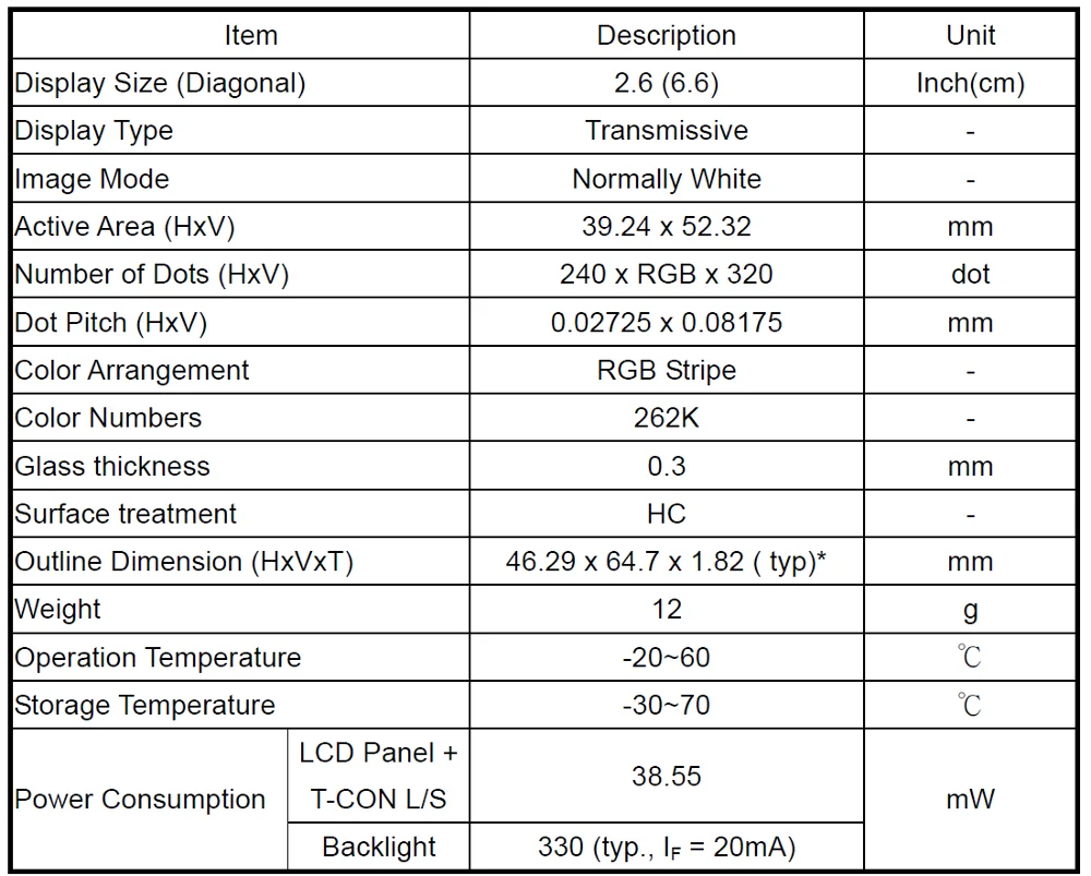 2.6 inch 6.6cm 240xRGBx320 TPO 60H00106-00M 990000004 304000067C LTPS Transmissive cog graphic TFT LCD display screen module