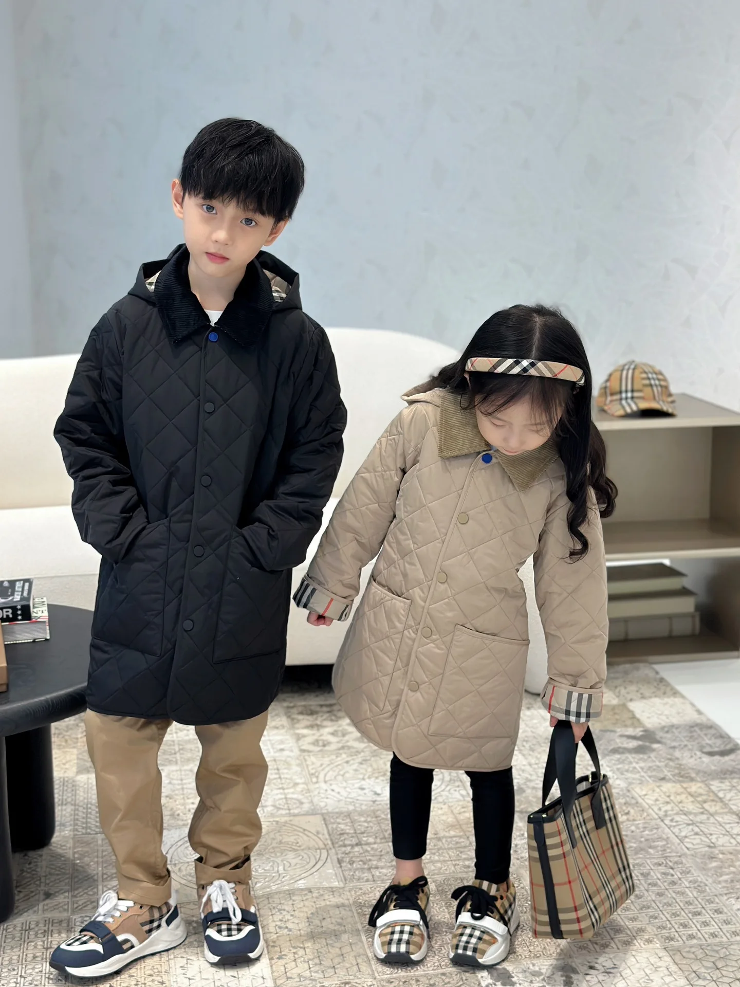 RUNTEN 2024 Design Autumn Winter Clothes New Cotton kids Coat Thickened Rhombic Plaid Two-sided boys and girls Coat