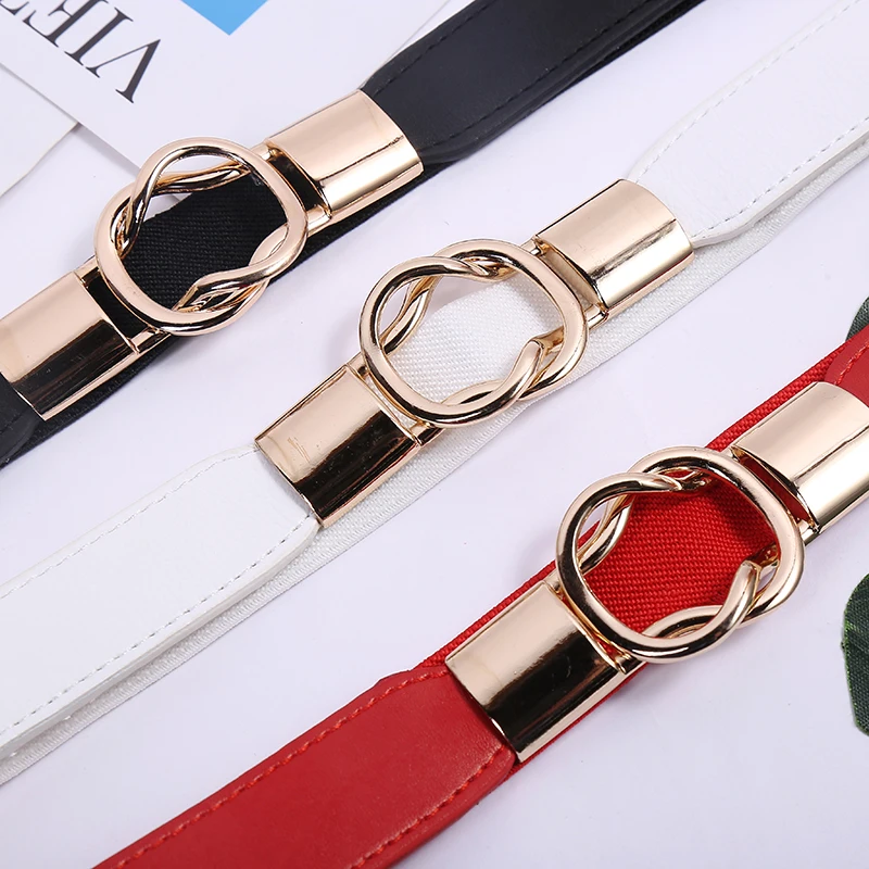 Women Skinny Belt for Dresses Retro Elastic Stretchy Metal Buckle Ladies Waist Belt Plus Size 1 inch Wide