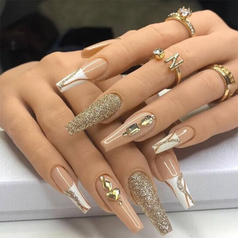 Wedding Engagement Luxury Gold Color Glitter Press On Nails Long Coffin Elegant Acrylic Stick On Small Nails Suppliers