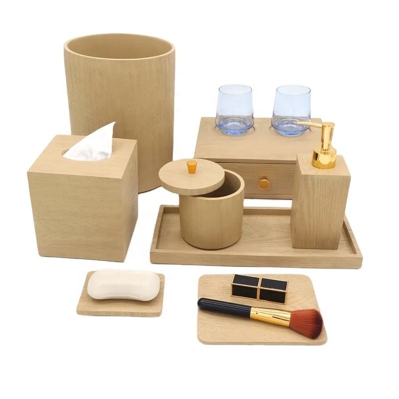 Bathroom Set Wooden Beige Color Resin Bathroom 8 Pieces Set Hotel Amenity Tray Soap Dish Bathroom Accessories Set
