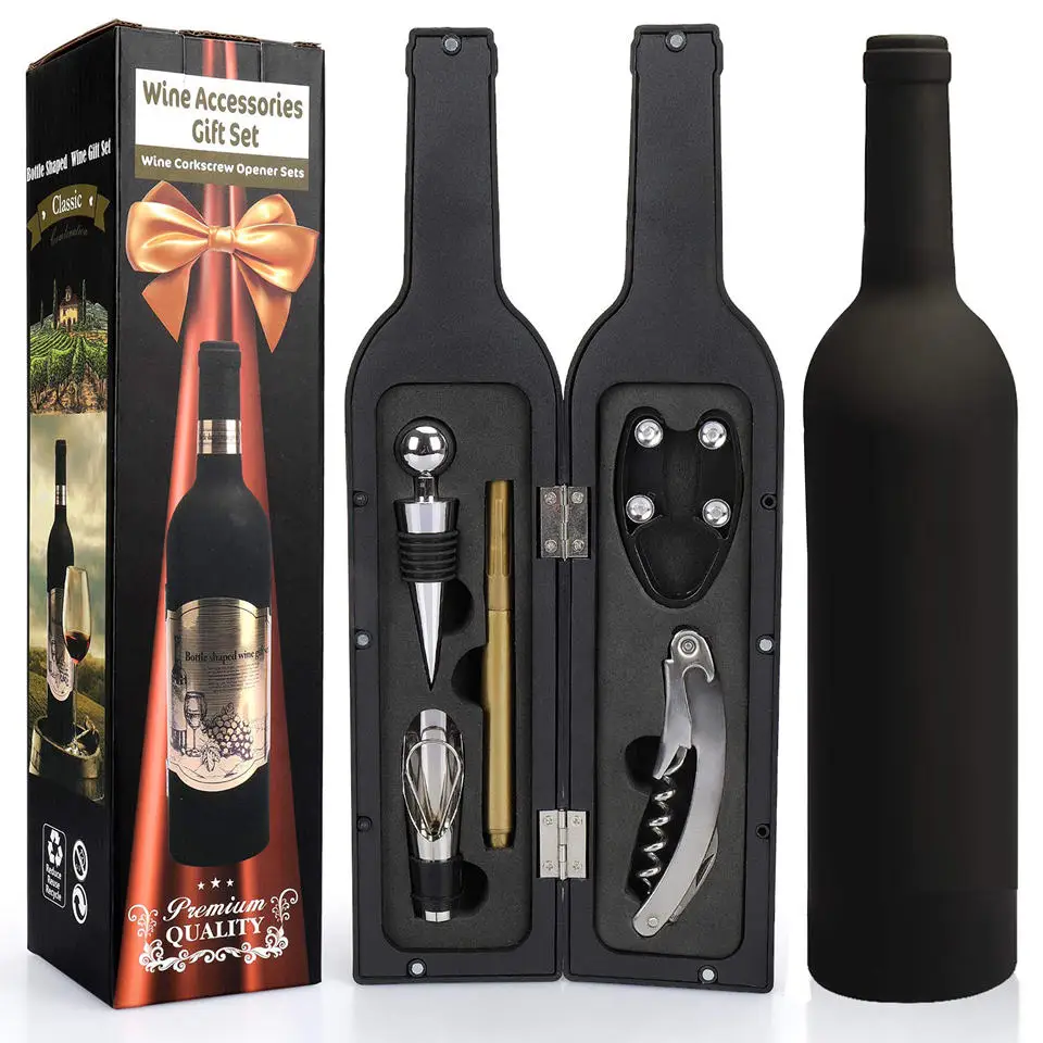 2023 seller Creative bottle shaped 5 pieces wine accessories gift set wine opener gift set Innovative wine set for xmas gifts