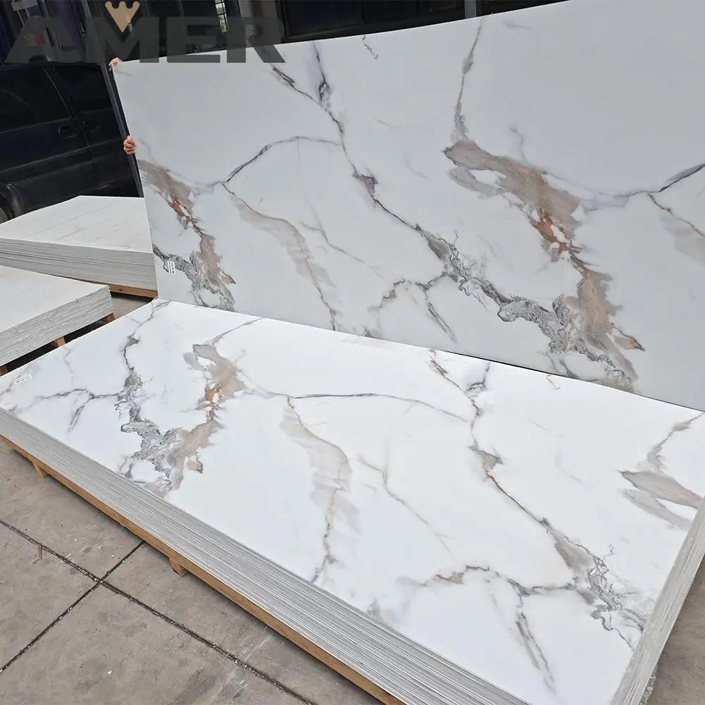 China Factory 1220x2440 mm Size Marble Texture Bamboo Charcoal Wood Veneer PVC Marble Sheet Carbon Slate Wallboard Wall Panels