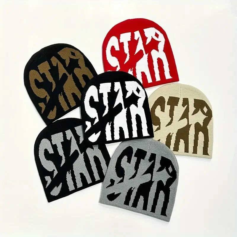 Custom Logo Gothic Star Jacquard Y2k Beanie Knit Hats Hip Hop Beanies Skull Beanie