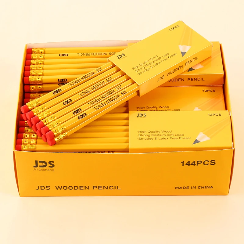 DASHENG 12pcs Yellow HB Pencil with Topper Eraser Hexagonal Standard Wooden Promotional Pencil for School Office and Children