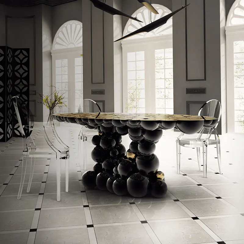 Custom Luxury Black Lacquer Dining Table with Gold-Plated Stainless Steel Ball Design 5-Star Hotel Style for Home Furniture