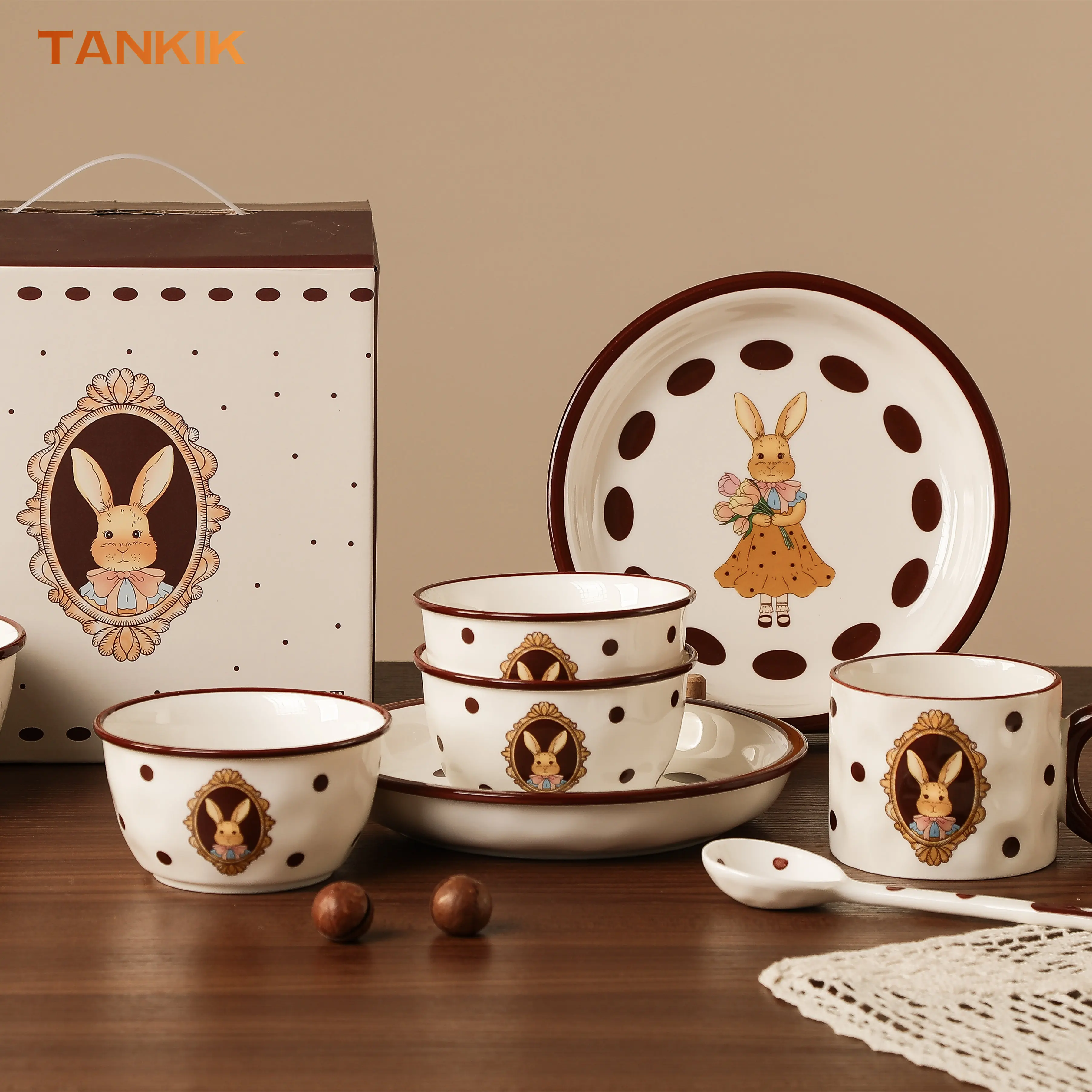 Rhea Rabbit Crockery Kawaii Cute Brown Color Deep Dish Plate Soup Noodle Salad Bowl Tableware Gift Set Dinnerware For 2