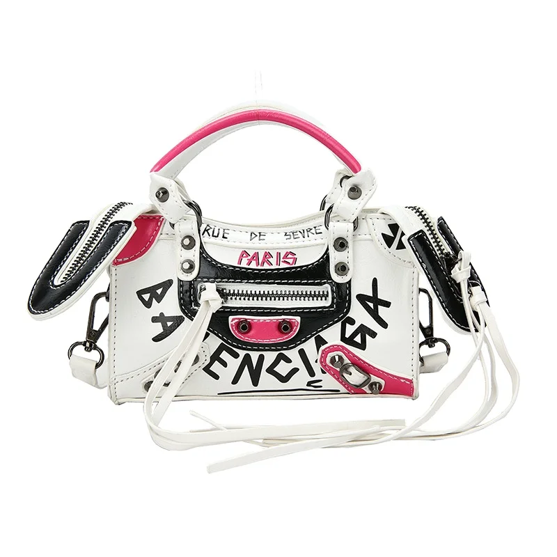 Japanese graffiti pop motorcycle bag Cute cartoon fashion contrasting color rivet messenger bag Simple printed Mummy bag