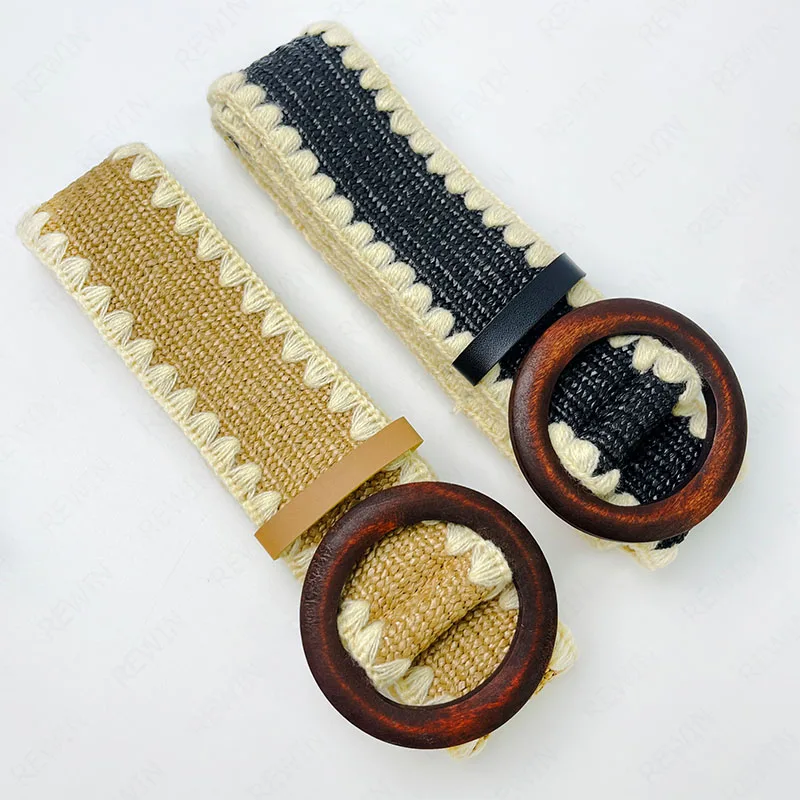 Wholesale Women Skinny Raffia Dress Belt Wooden Buckle Straw Woven Wide Belt Knitted Elastic Rattan Waist Stretch Belt