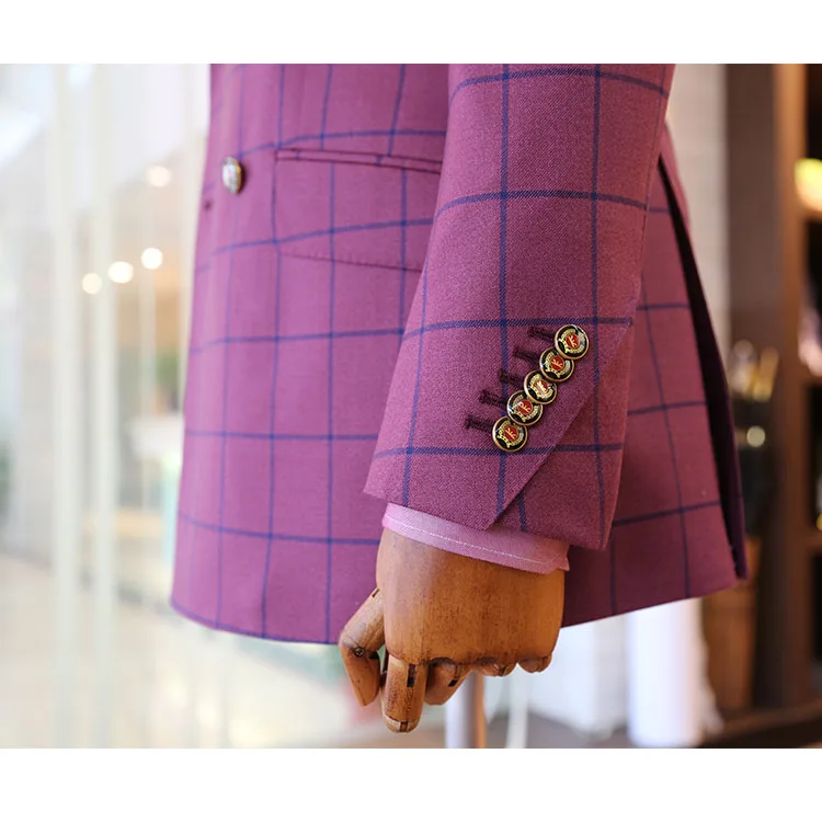 MTM deep pink purple blue check fashionable in trend check plaid double breasted party for wedding slim fit suit blazer men