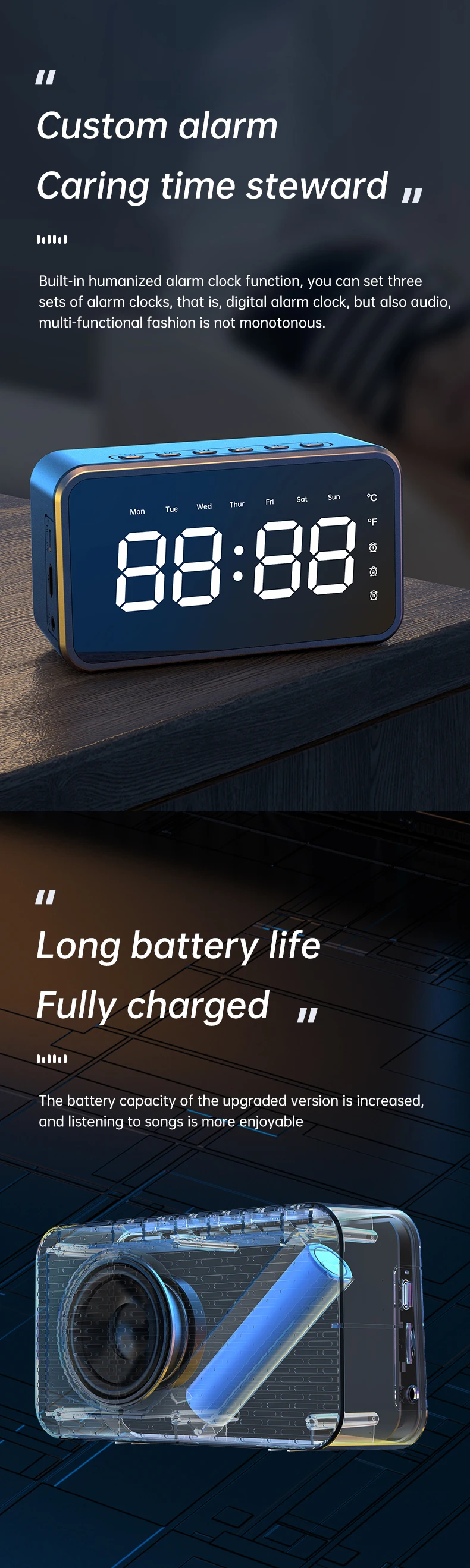 The karaoke sub woofer speaker, which plays music and has an alarm clock, will be sold in 2023