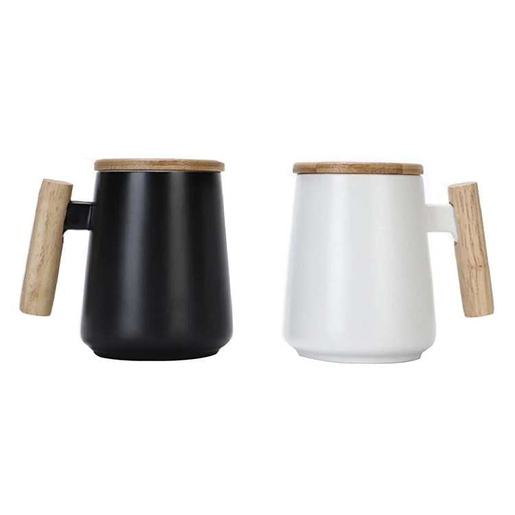 Unique 350ml Black/White Custom Logo Ceramic Coffee Mug with Wooden Handle