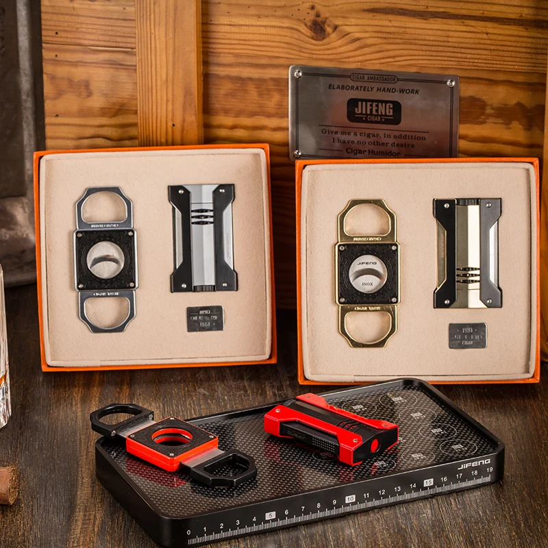 JIFENG JF-TZ015 cost-effective simple cigar lighter and cutter 2 in 1 promotion cigar accessories set gift