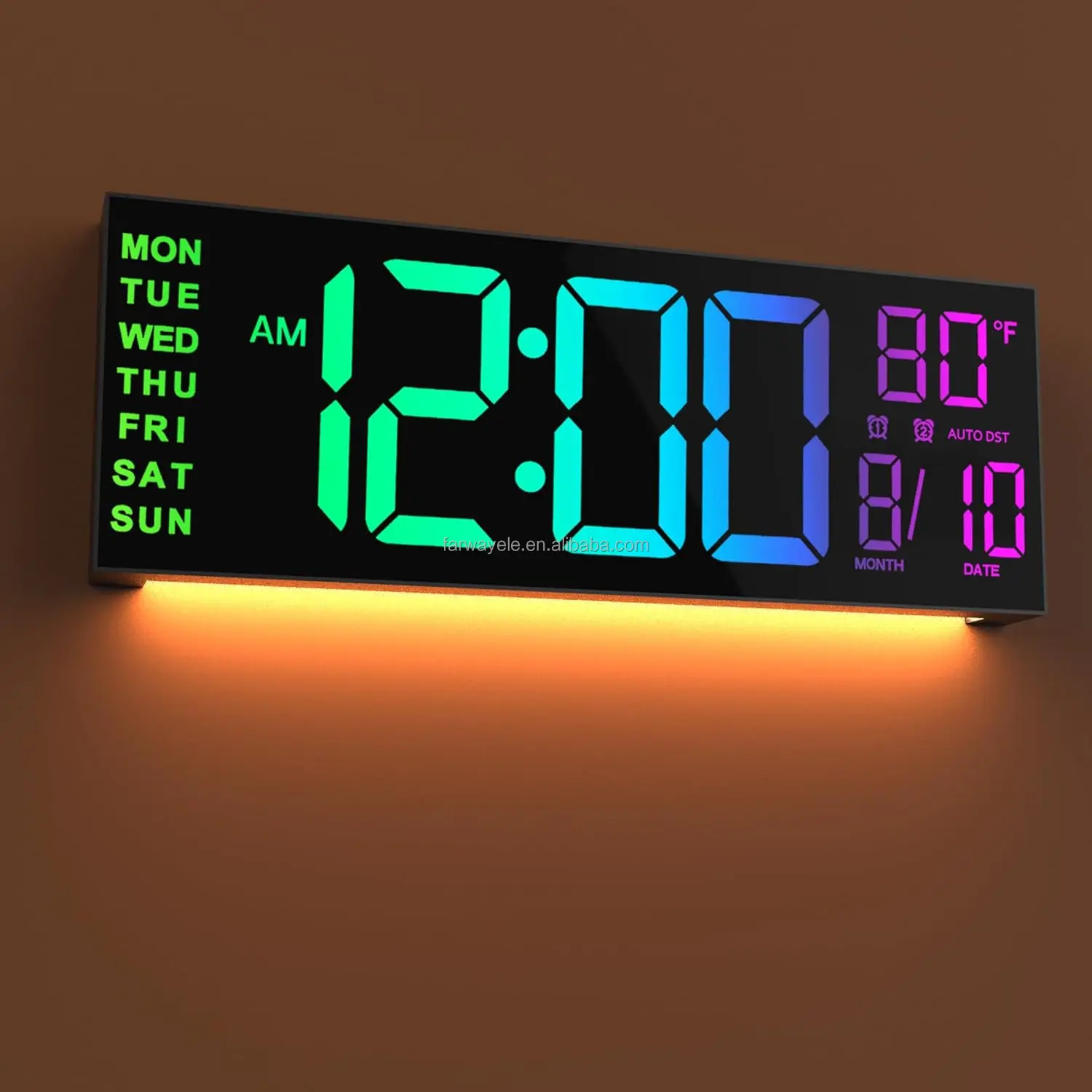 Digital Wall Clock with RGB Color Changing Remote Control, Automatic Brightness, Auto DST, Date Week,Temperature