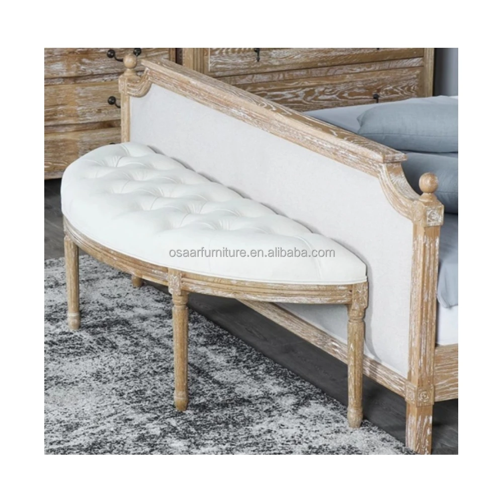 French Provincial Design Bedroom Furniture Button Tufted White Curved Wooden Bed Bench