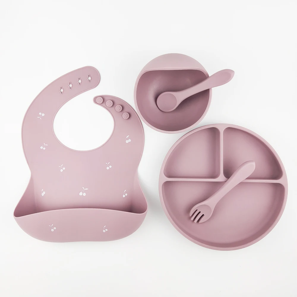 Offset Print Heat Press Children Silicone Baby Bibs Plate Bowl Spoon Fork Set